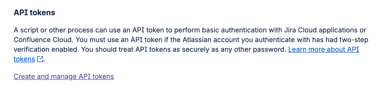 Atlassian Security page API tokens section