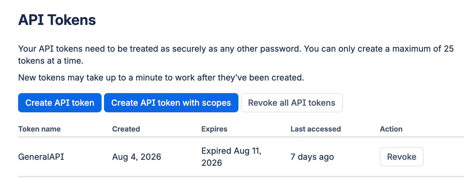 Atlassian API Tokens page showing standard and scoped token actions