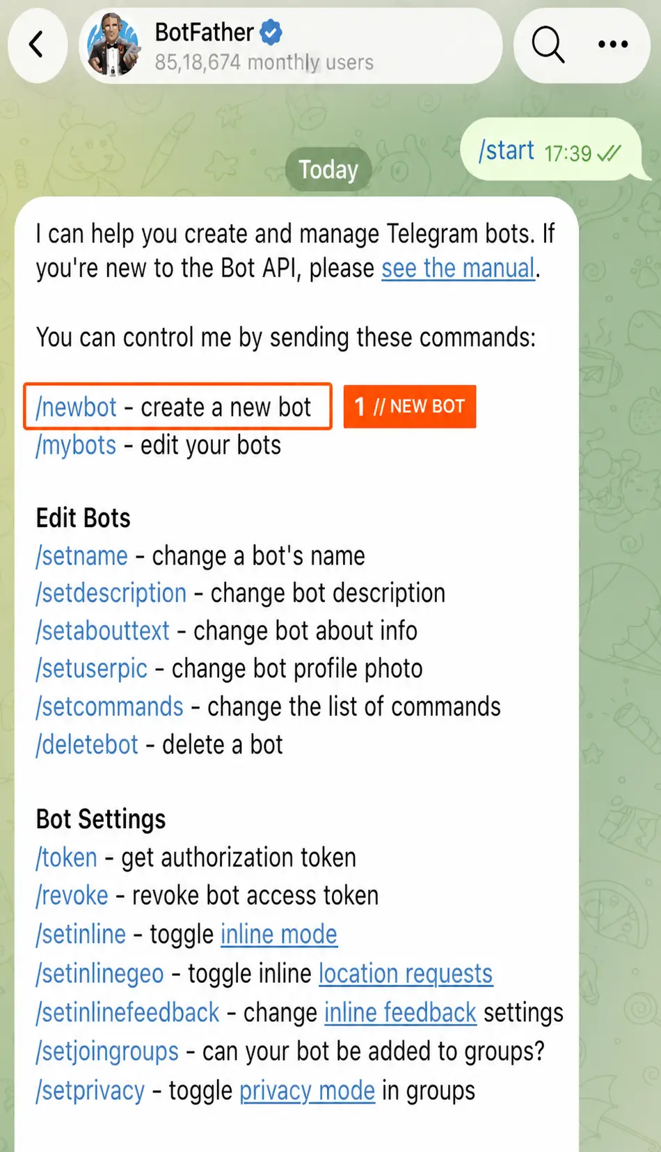 Telegram BotFather command list with the newbot command highlighted