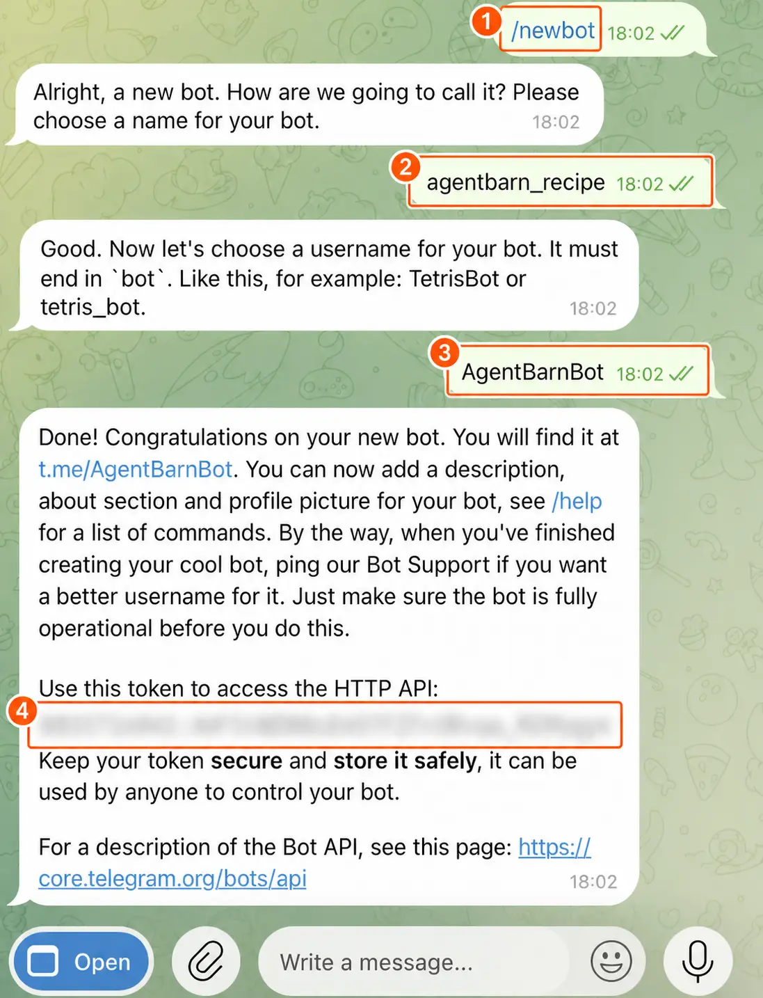 Telegram BotFather bot creation conversation with the complete bot token blurred