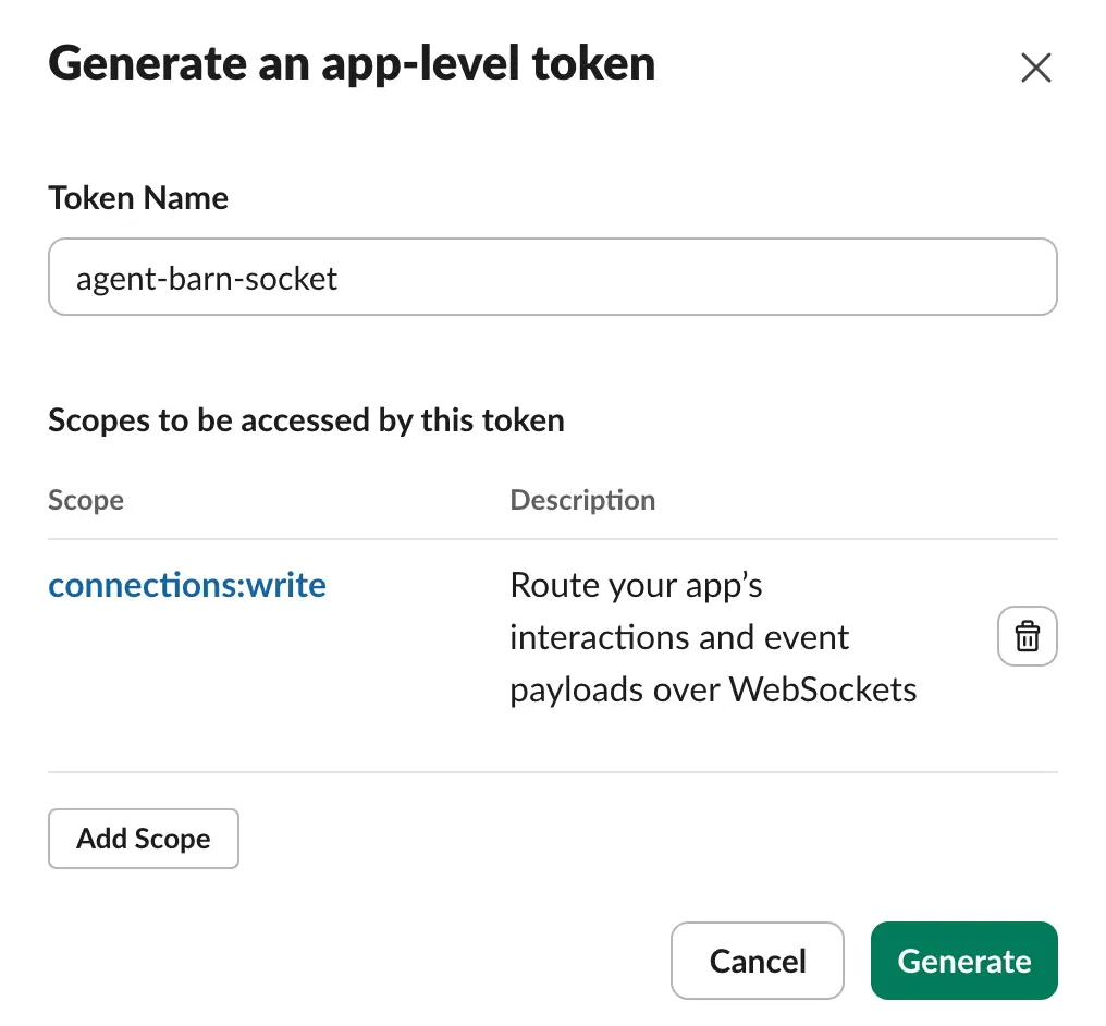 Slack app-level token dialog with the connections write scope