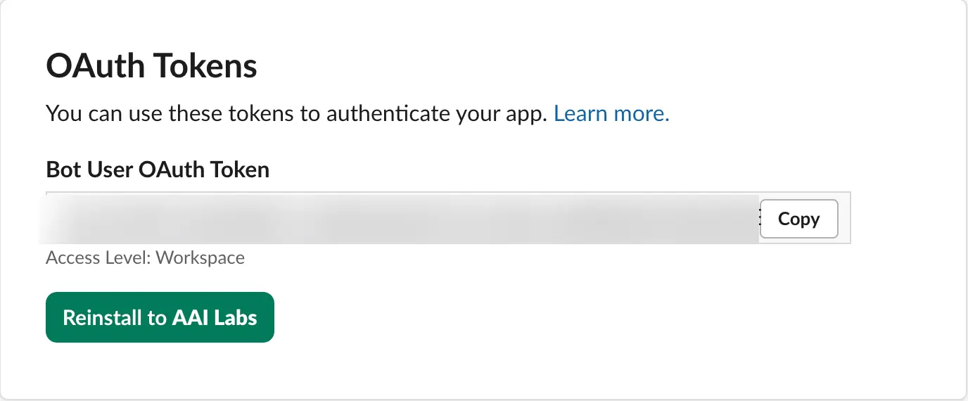 Slack OAuth Tokens section with the token blurred and Copy button visible