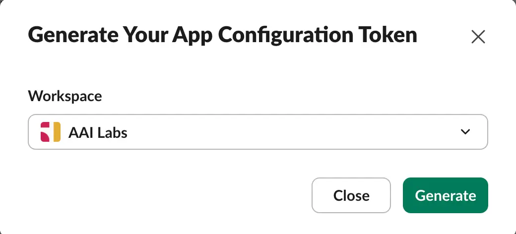 Slack Generate Your App Configuration Token workspace dialog
